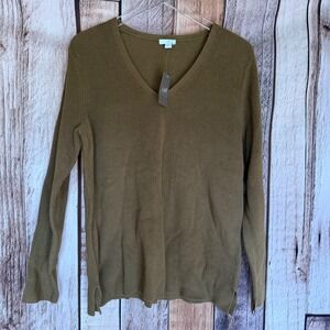 J. Jill V-Neck Sweater Brown Soft Cotton Blend Neutral Fall Layer‎ Large NWT